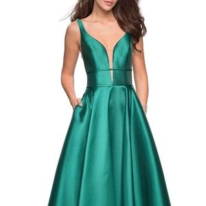 La Femme Plunge Neck Sleeveless Mikado Ball Gown